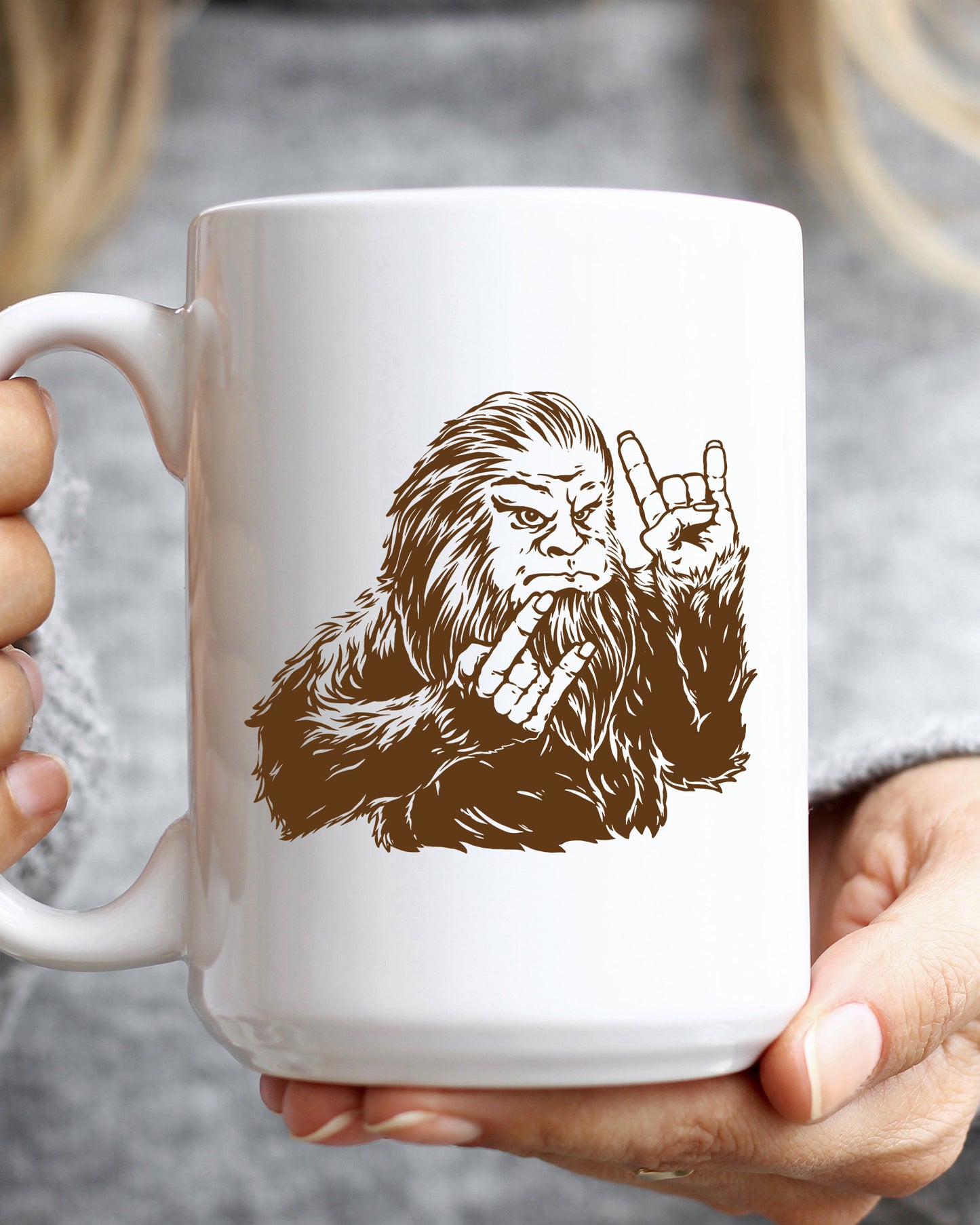 Rocker Bigfoot 15 oz ceramic mug, Sasquatch playing guitar, made in the USA