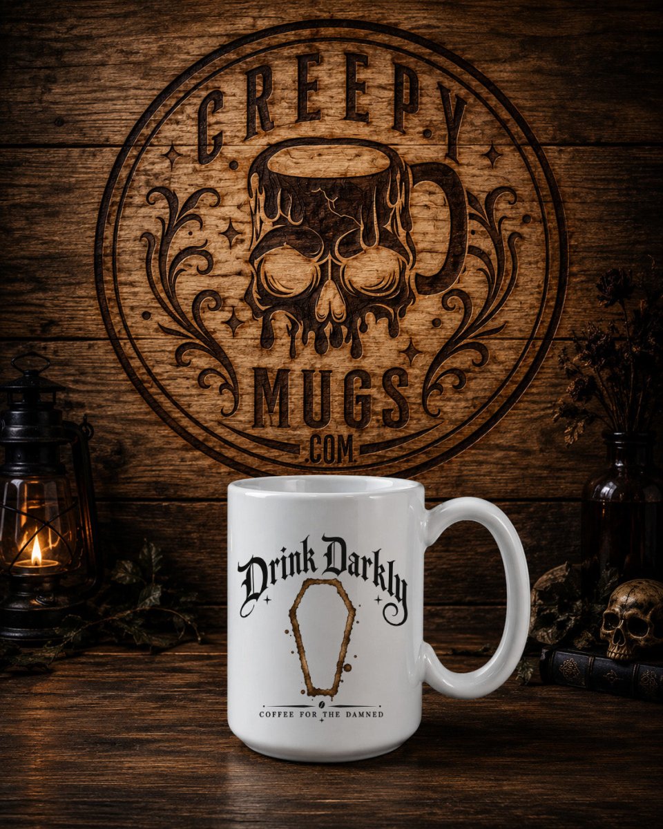 Drink Darkly Coffin Coffee Mug | Signature CreepyMugs Design - CreepyMugs.com