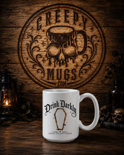 Drink Darkly Coffin Coffee Mug | Signature CreepyMugs Design - CreepyMugs.com