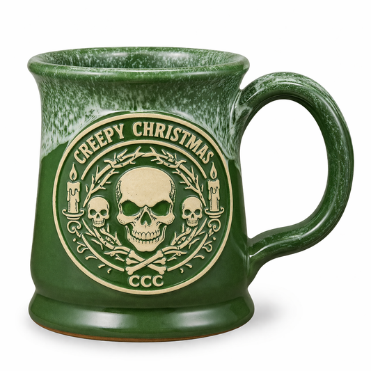 Handmade Skeleton Wreath mug by Deneen Pottery, a bone wreath holiday design on onyx glaze