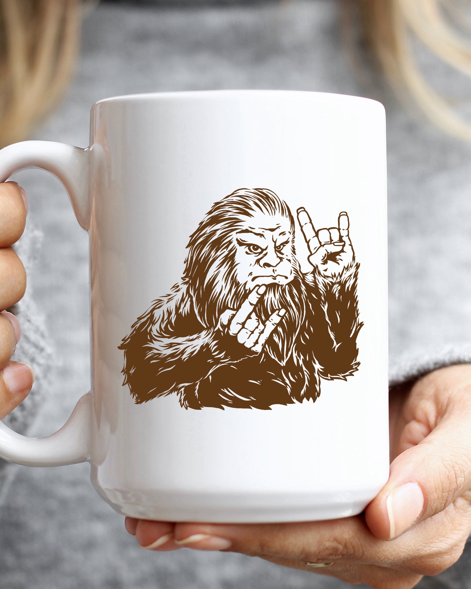 Rocker Bigfoot 15 oz ceramic mug, Sasquatch playing guitar, made in the USA