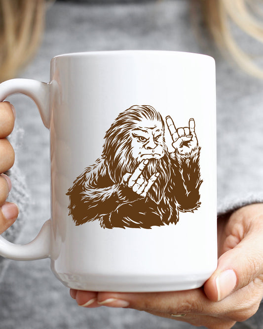 Rocker Bigfoot 15 oz ceramic mug, Sasquatch playing guitar, made in the USA