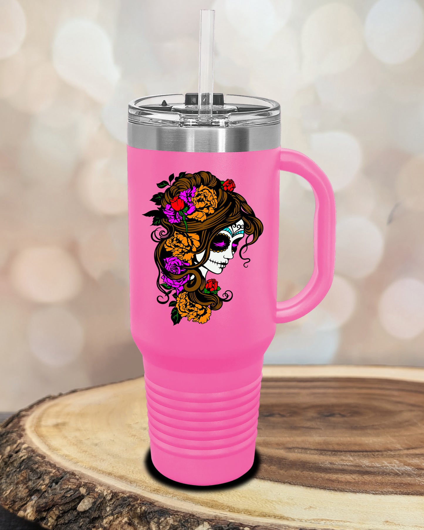 insulated tumbler featuring a colorful sugar skull woman portrait with floral accents and Day of the Dead-inspired artwork.