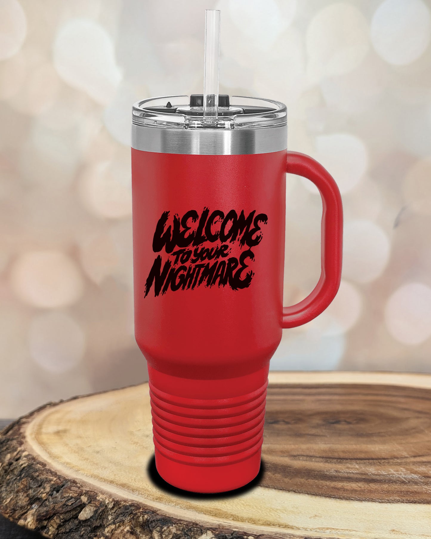 Insulated tumbler featuring Welcome to Your Nightmare horror-themed typography, available in multiple colors and sizes including 20 oz, 30 oz, and 40 oz.